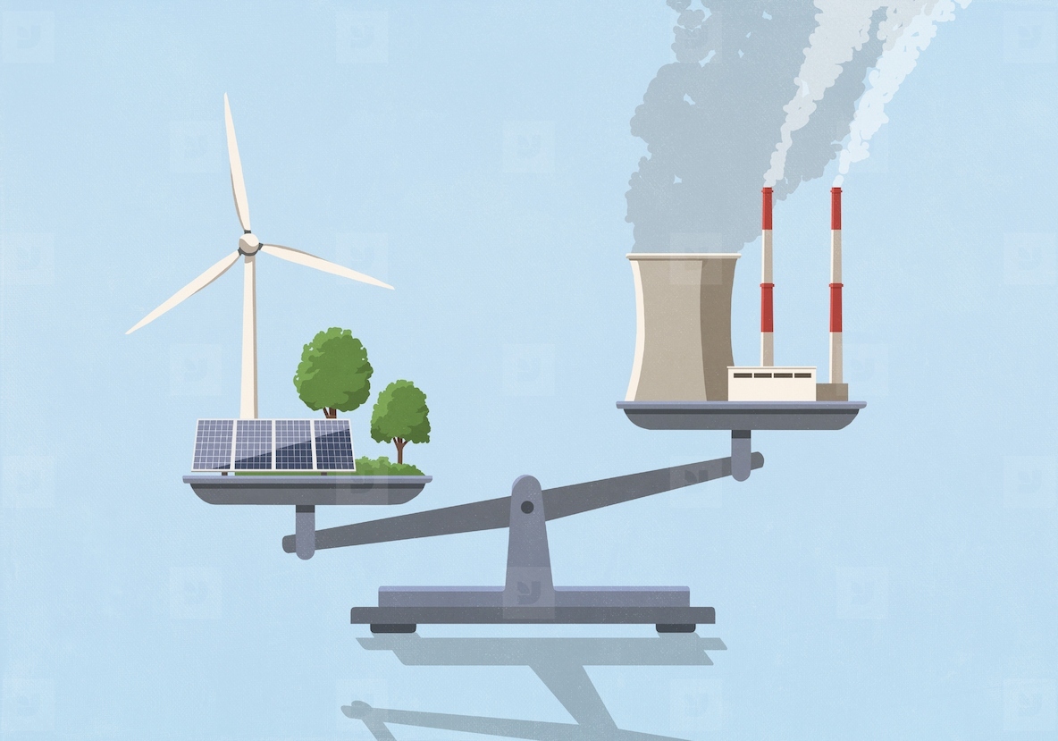 Green energy tipping scale with factory pollution on opposite end