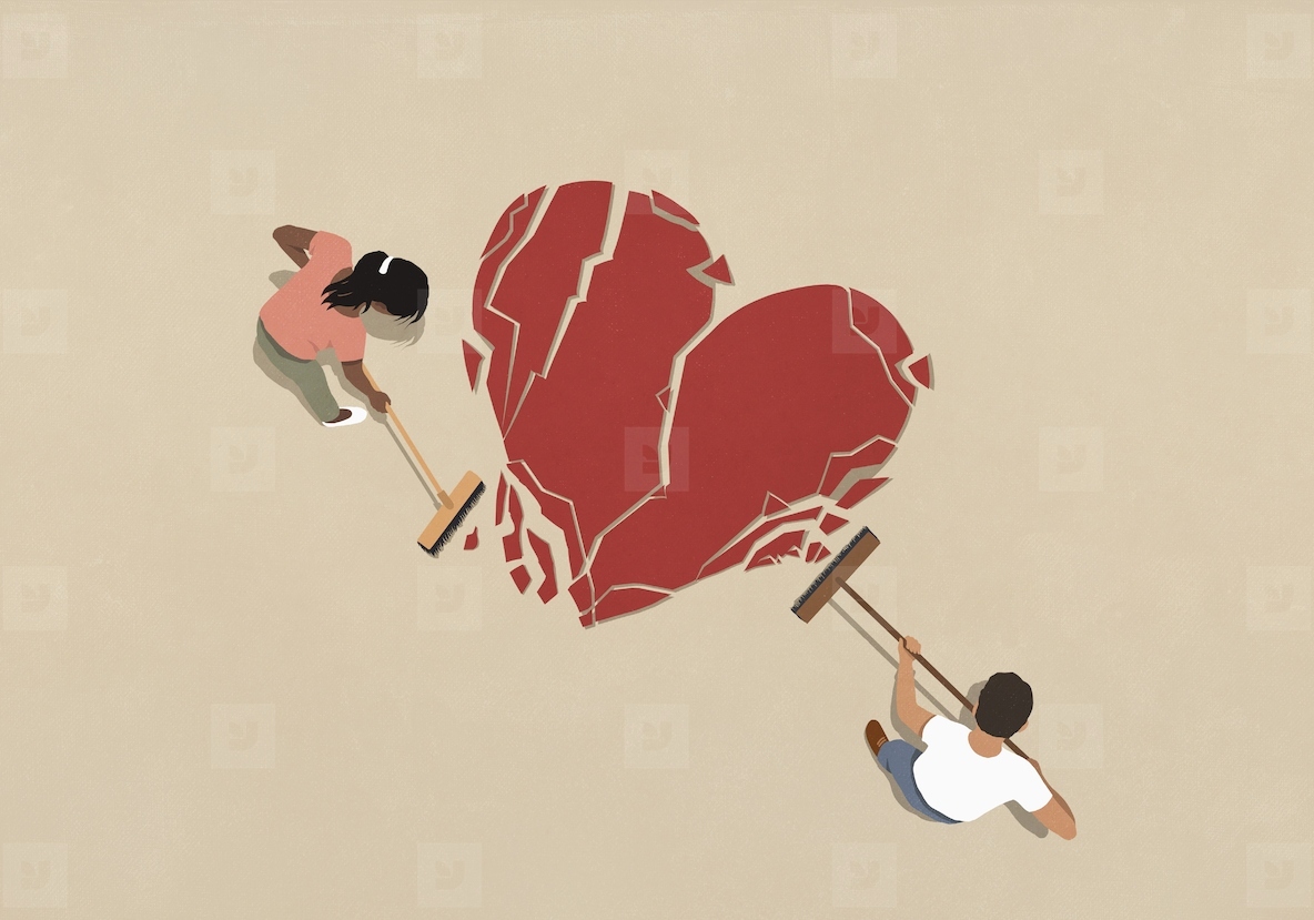 Couple with brooms sweeping up broken heart on beige background