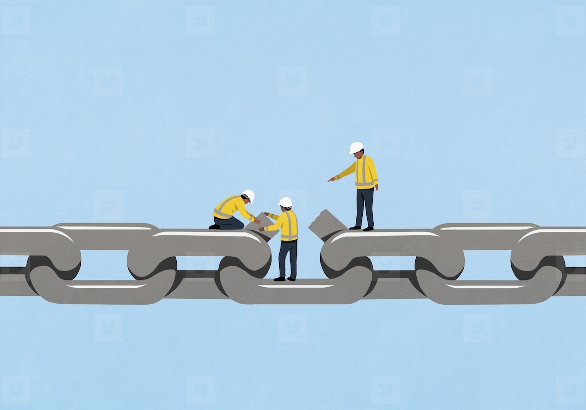 Construction workers fixing broken weak link on chain