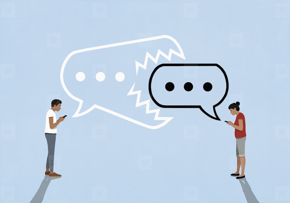 Couple texting womans speech bubble ellipsis eating mans text message bubble