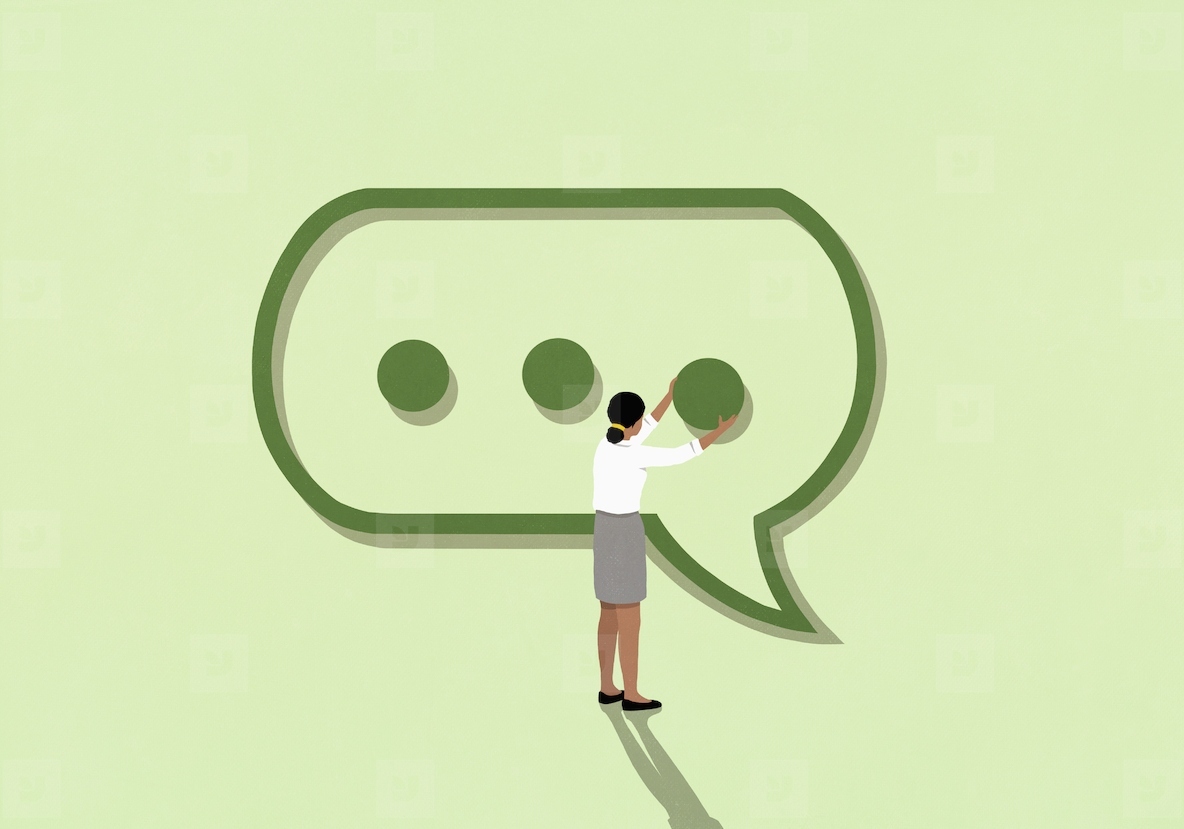 Businesswoman removing dot from speech bubble text message ellipsis on green background