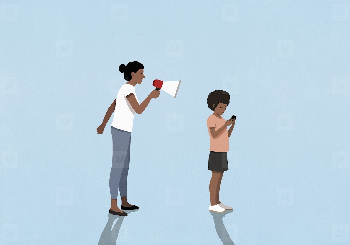 Angry mother with bullhorn shouting at oblivious daughter using smart phone on blue background