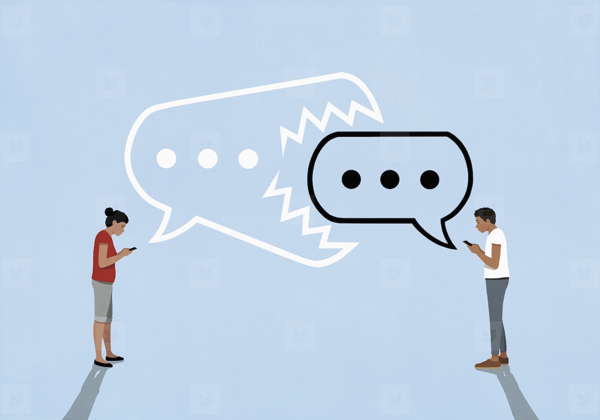 Couple texting womans speech bubble ellipsis eating mans text message bubble