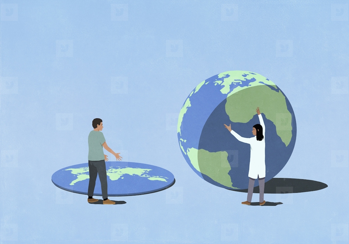 Man and female scientist with conflicting perspectives about flat and round earth