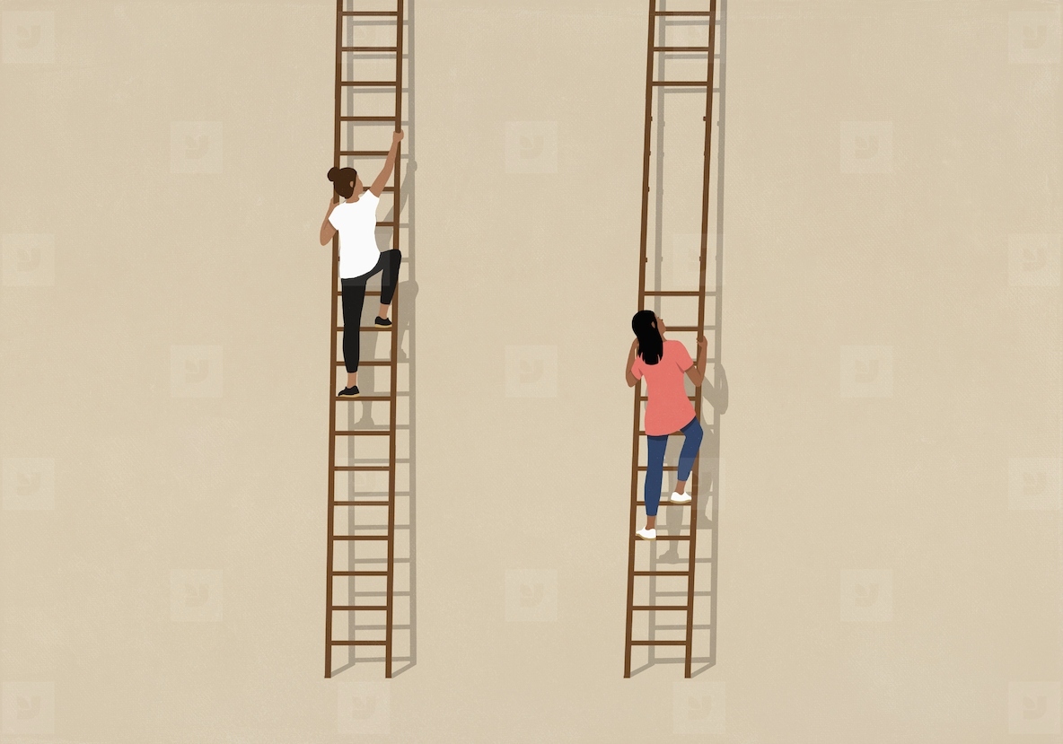 Women climbing different ladders one with missing rungs