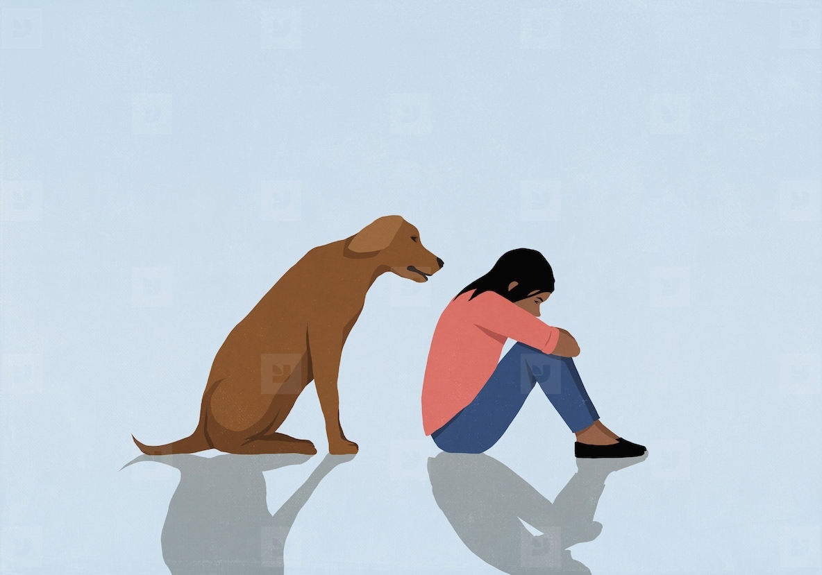 Worried dog watching sad woman sitting and hugging knees