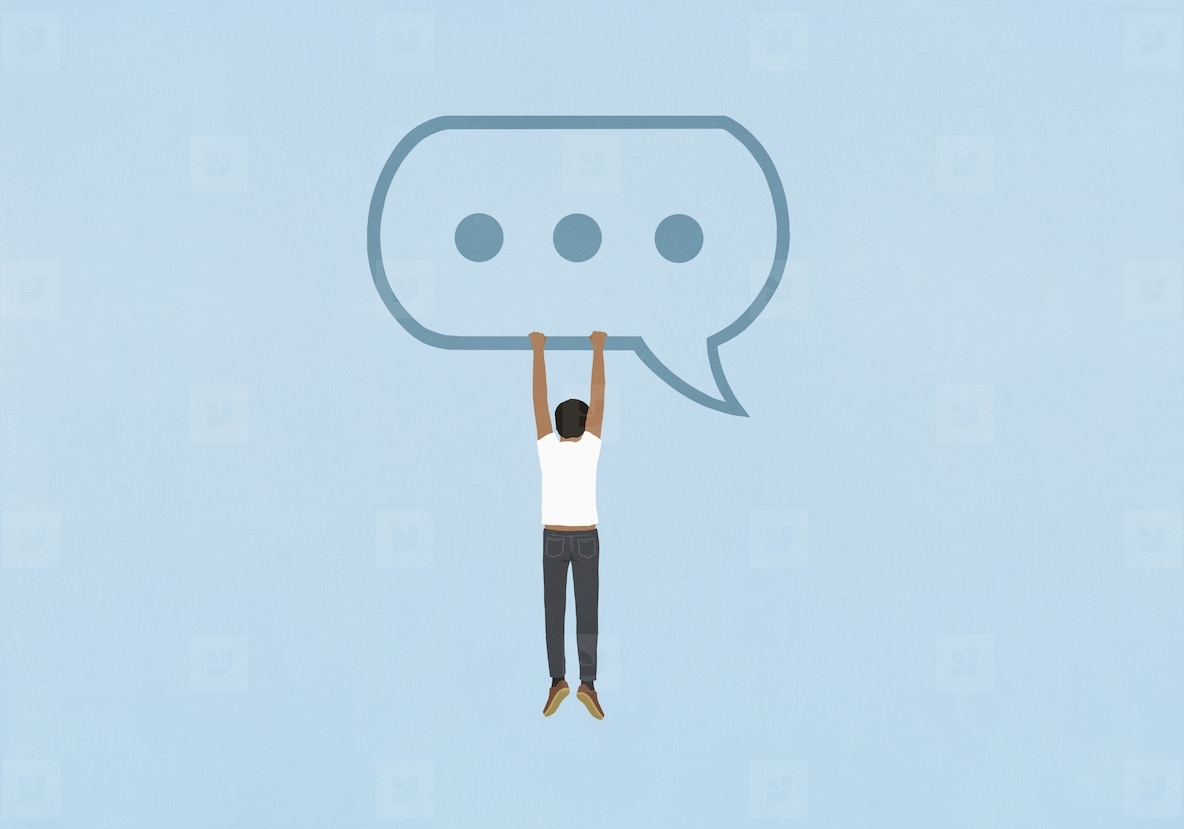 Man hanging from ellipsis text message bubble on blue background
