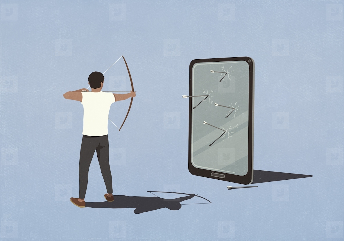 Man with bow shooting arrows at smart phone screen on blue background