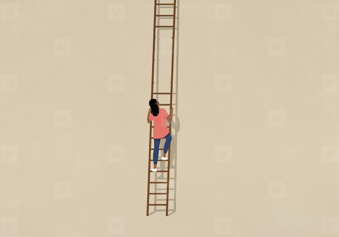 Woman climbing up ladder looking up at missing rungs