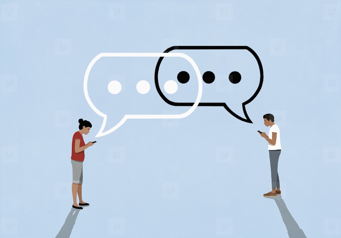 Ellipsis text message bubbles above couple texting with smart phones on blue background