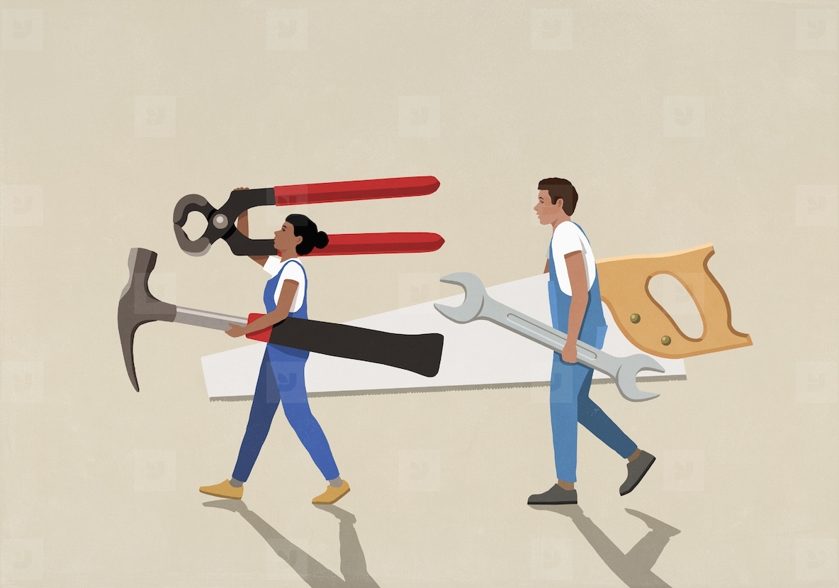 DIY couple carrying large tools on beige background