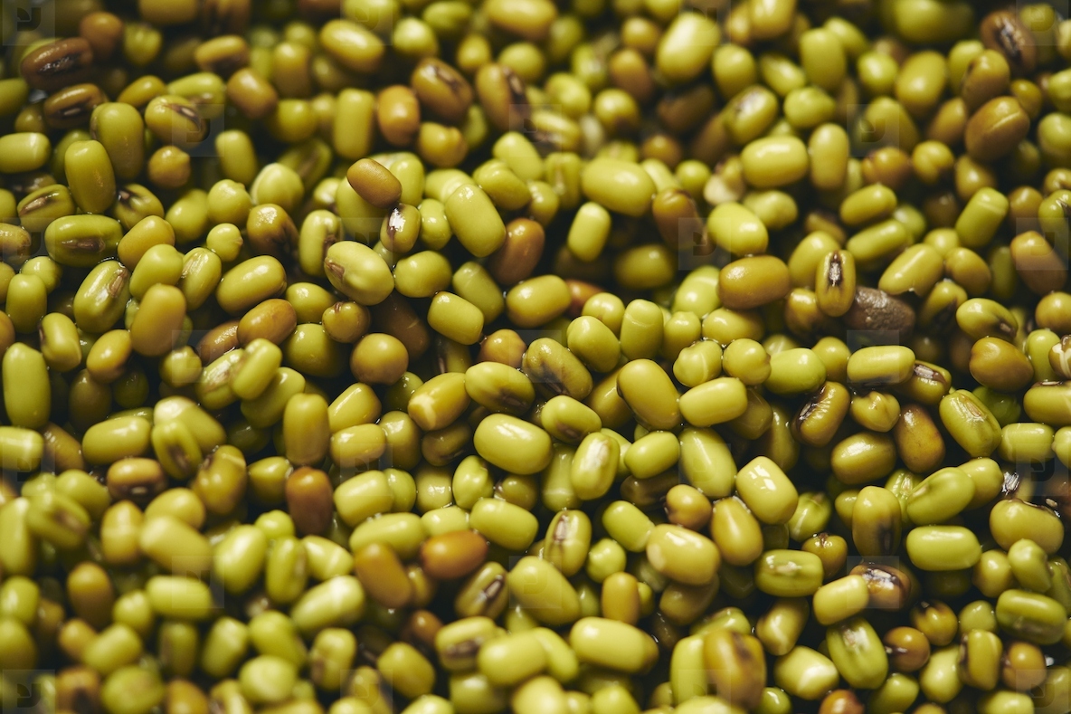 Full frame close up heap of green and brown mung beans
