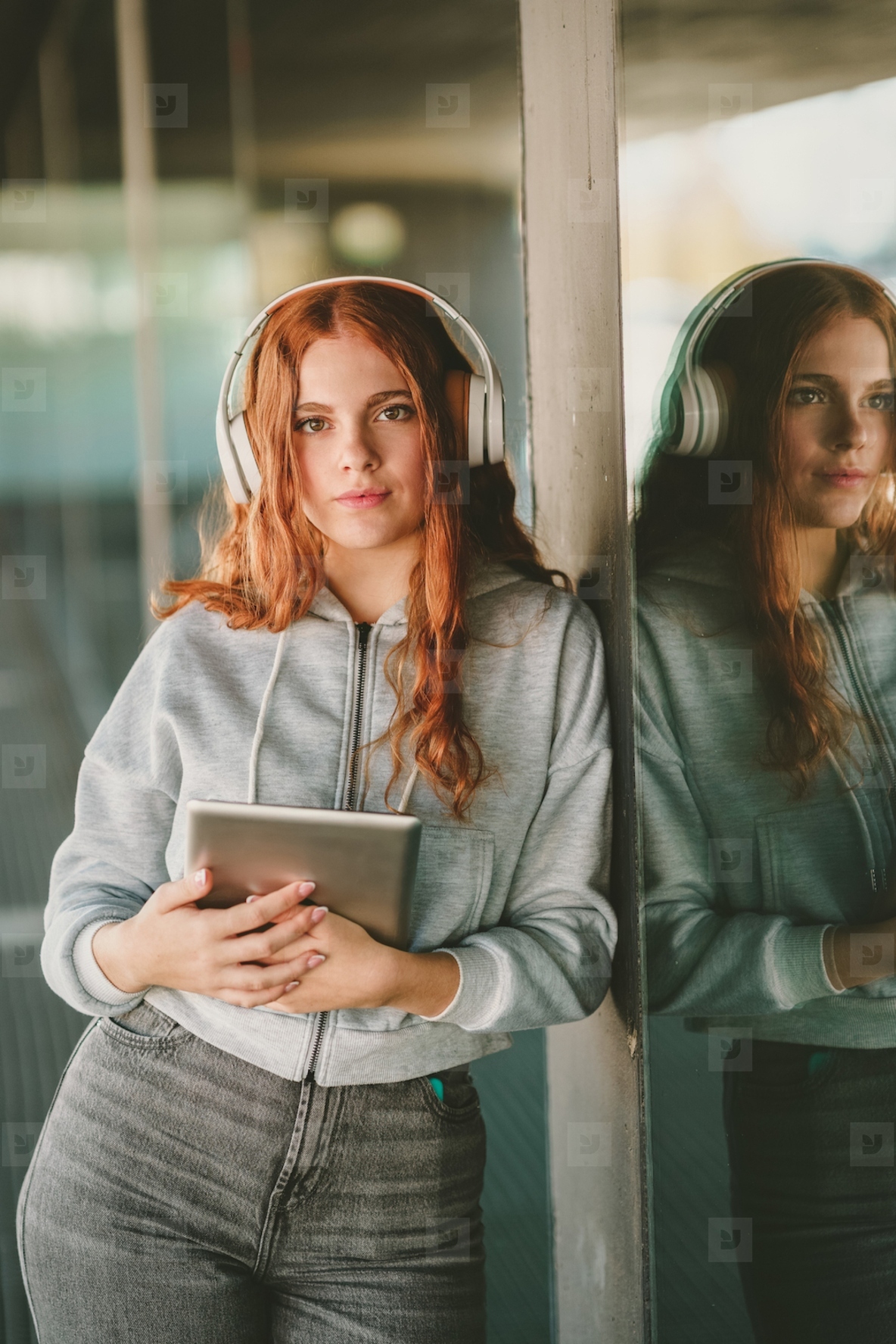 A Young Woman Wearing Headphones and Engaging with a Tablet While in a Vibrant Urban Setting