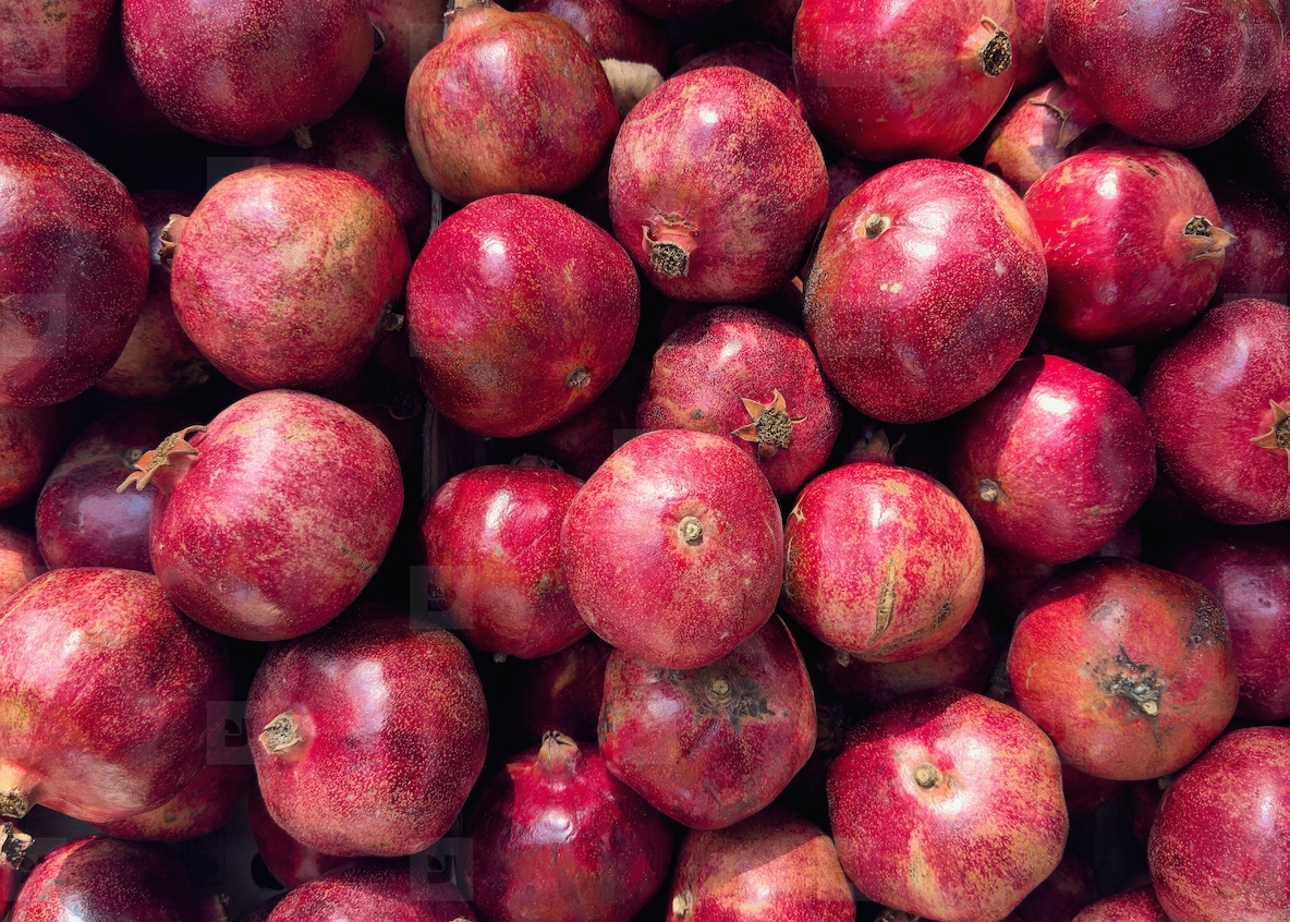 Full frame close up red whole pomegranates