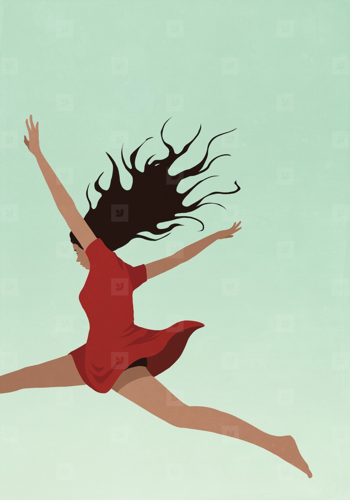 Low angle view carefree teenage girl jumping for joy on green background