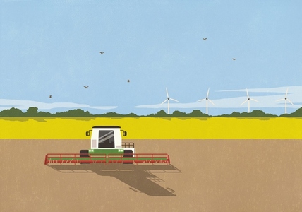 Combine harvester in sunny rural farm field with wind turbines in background