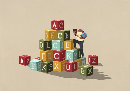 Teenage girl with backpack climbing stacked alphabet blocks