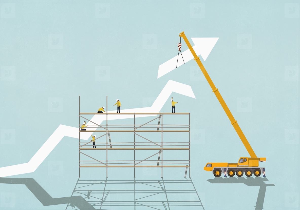 Construction workers on scaffolding below crane assembling ascending graph arrow