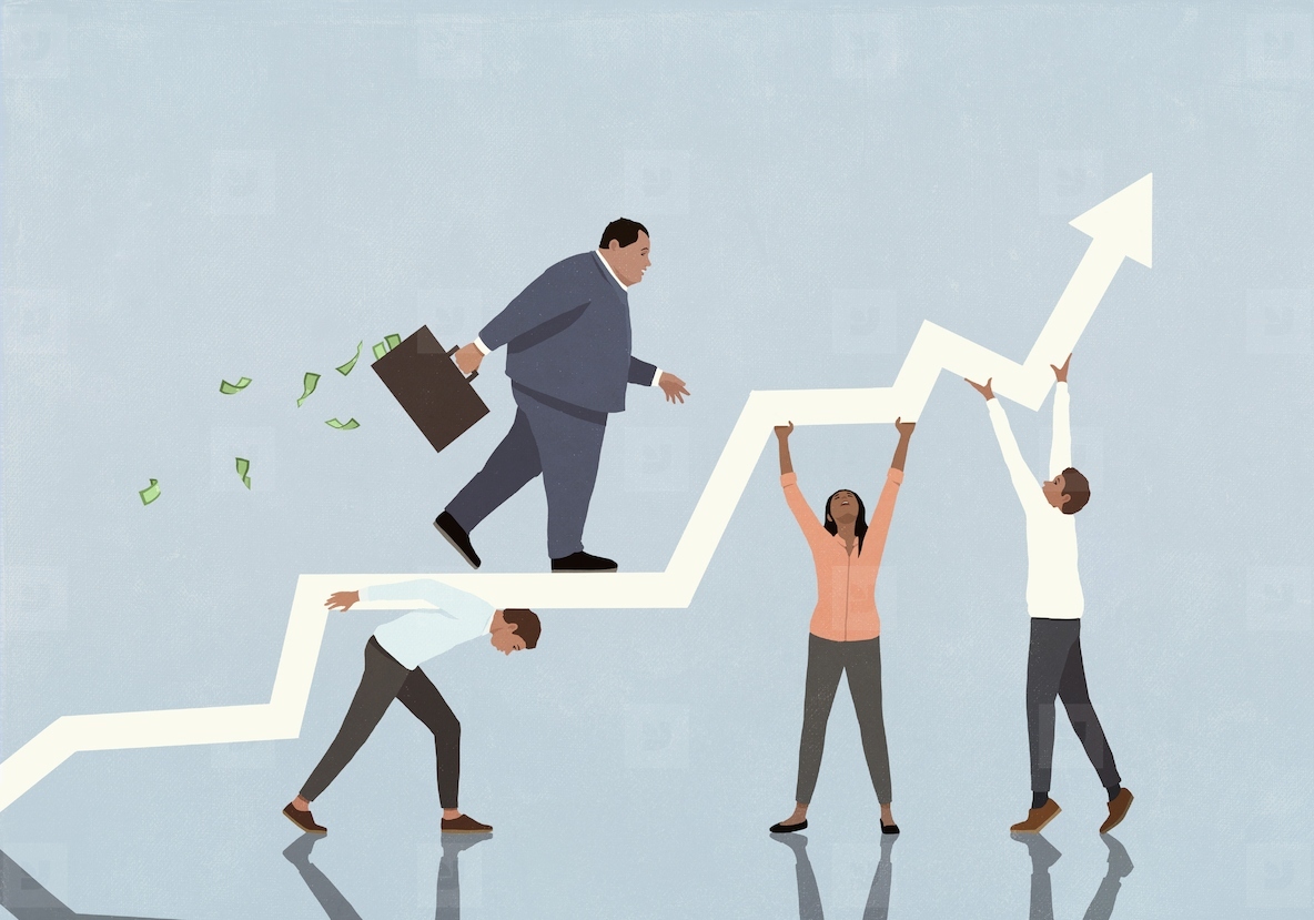 Business people trying to hold up ascending graph arrow for large businessman with money briefcase