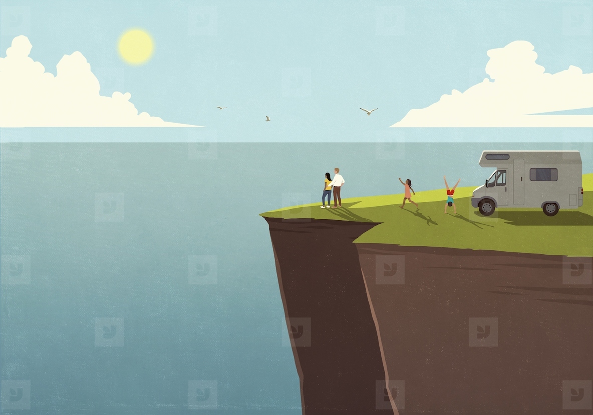 Happy family on vacation outside RV