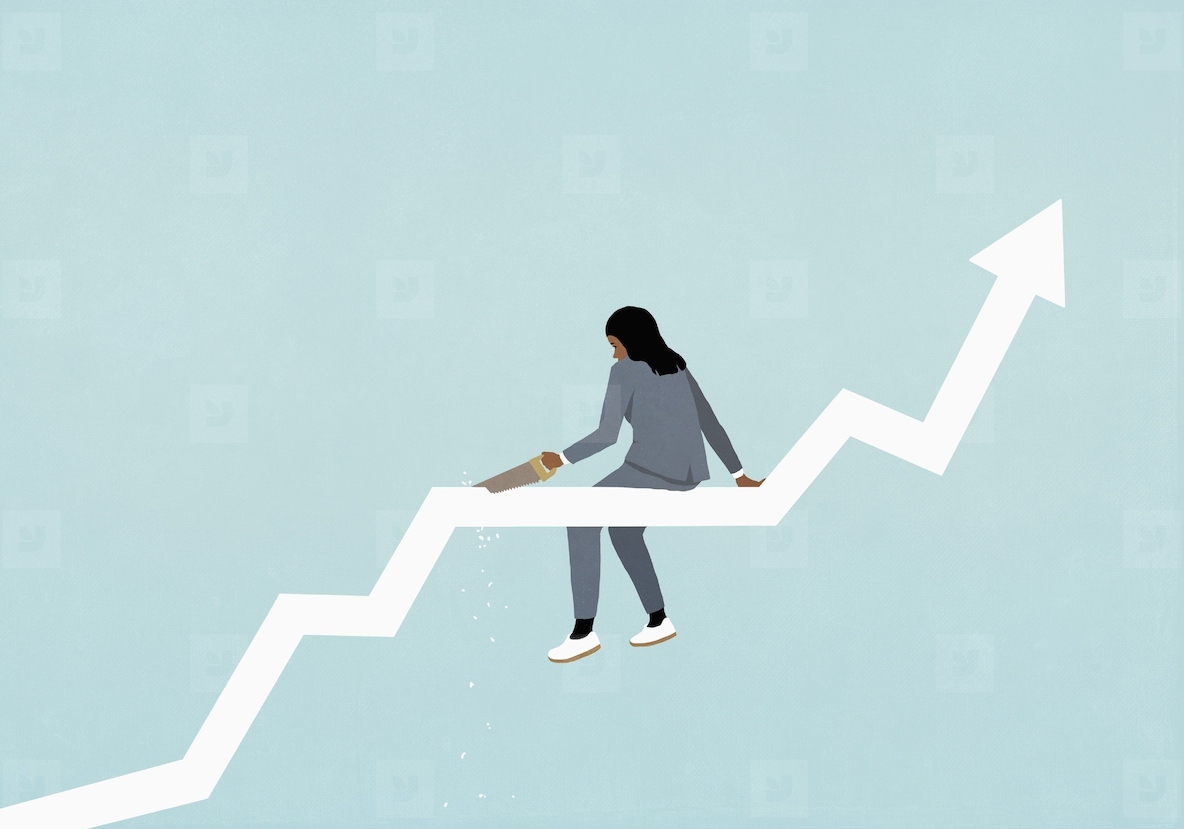 Businesswoman with saw cutting ascending chart arrow she is sitting on