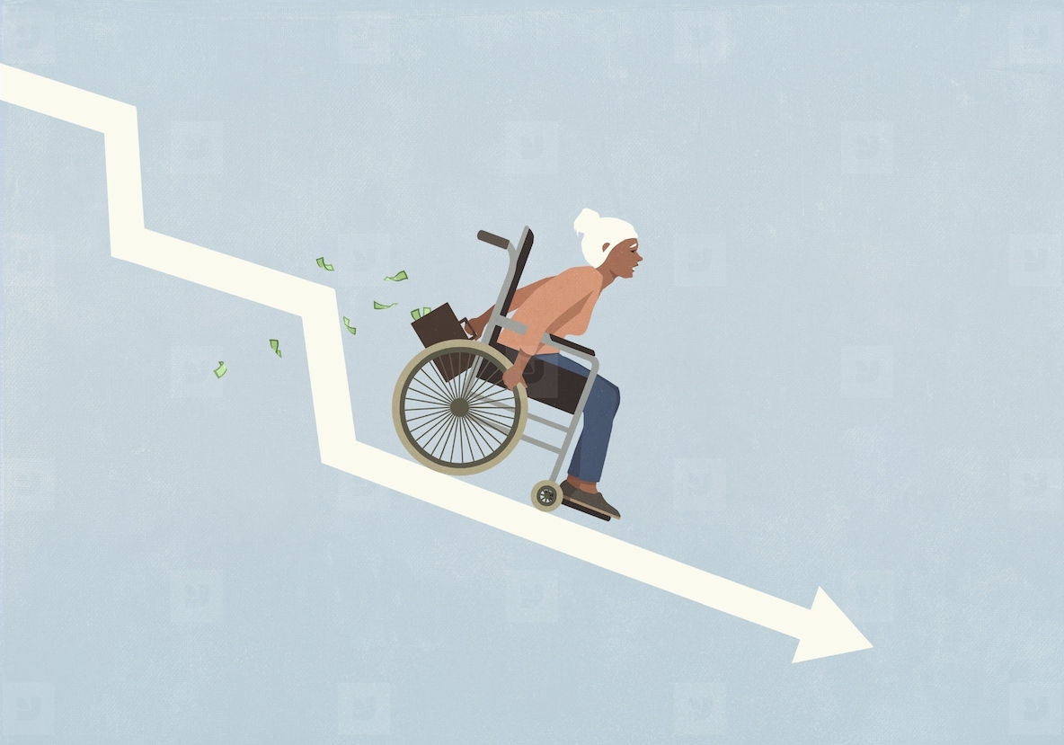 Senior woman in wheelchair with money briefcase speeding down descending graph arrow