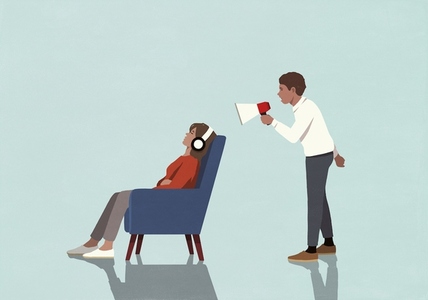 Husband with bullhorn yelling at oblivious wife with headphones sleeping in armchair