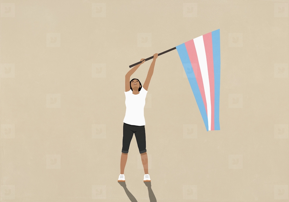 Woman waving pink blue and white striped Transgender Pride flag and looking up