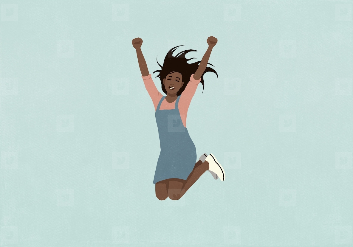 Portrait happy carefree girl with arms raised jumping for joy on blue background