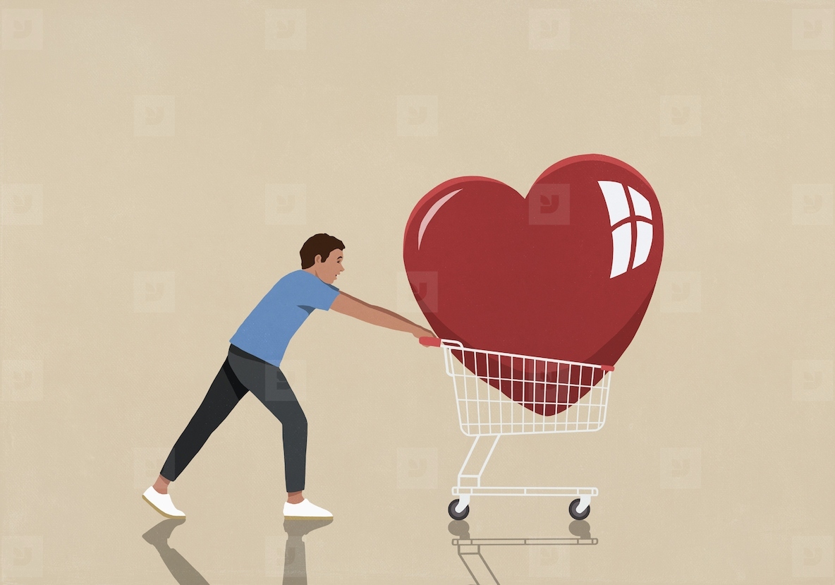 Man pushing large red heart in shopping cart