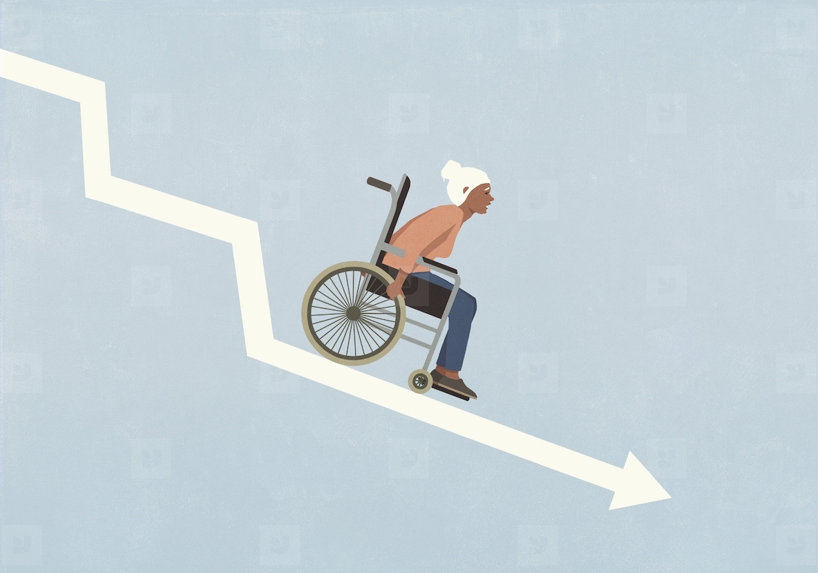 Senior woman in wheelchair speeding down descending chart arrow