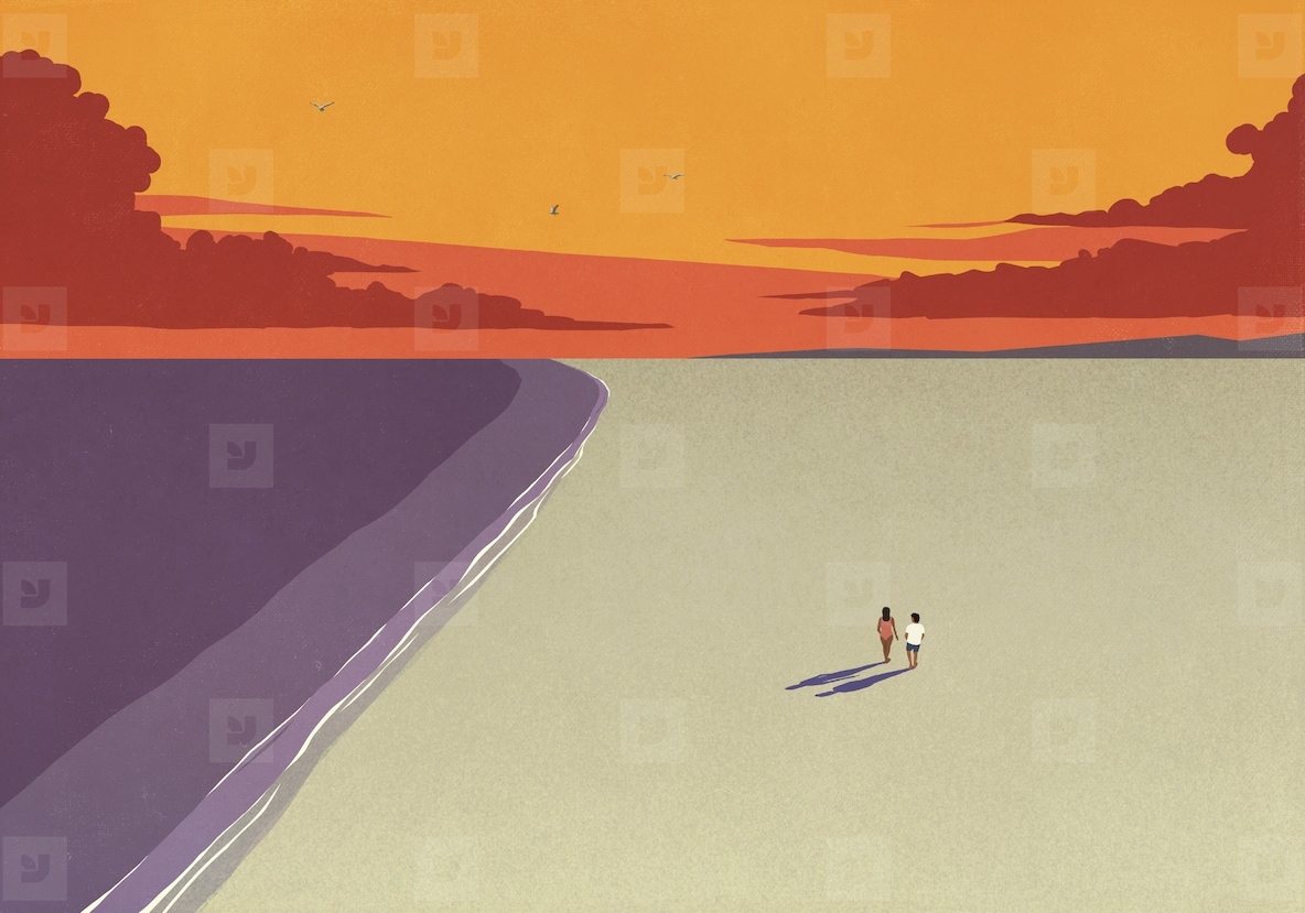 Aerial view couple walking on sandy