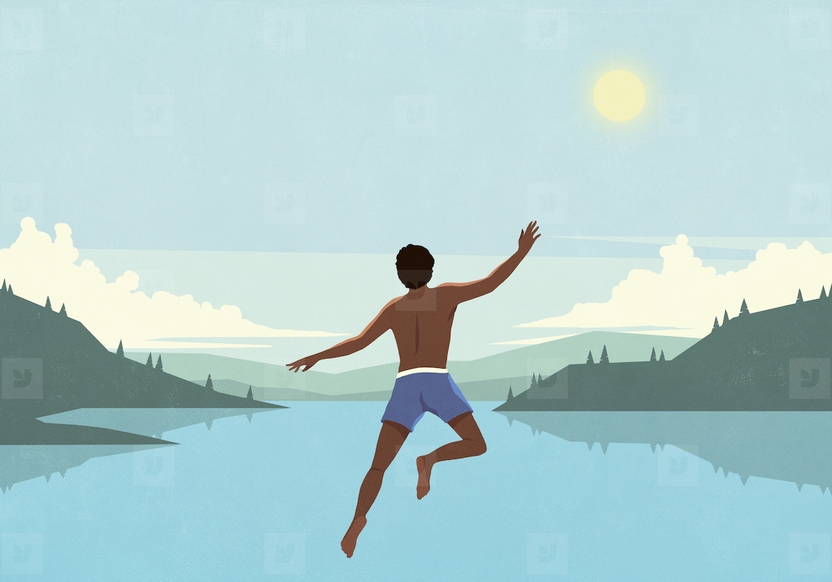 Carefree man jumping into sunny blue summer mountain lake