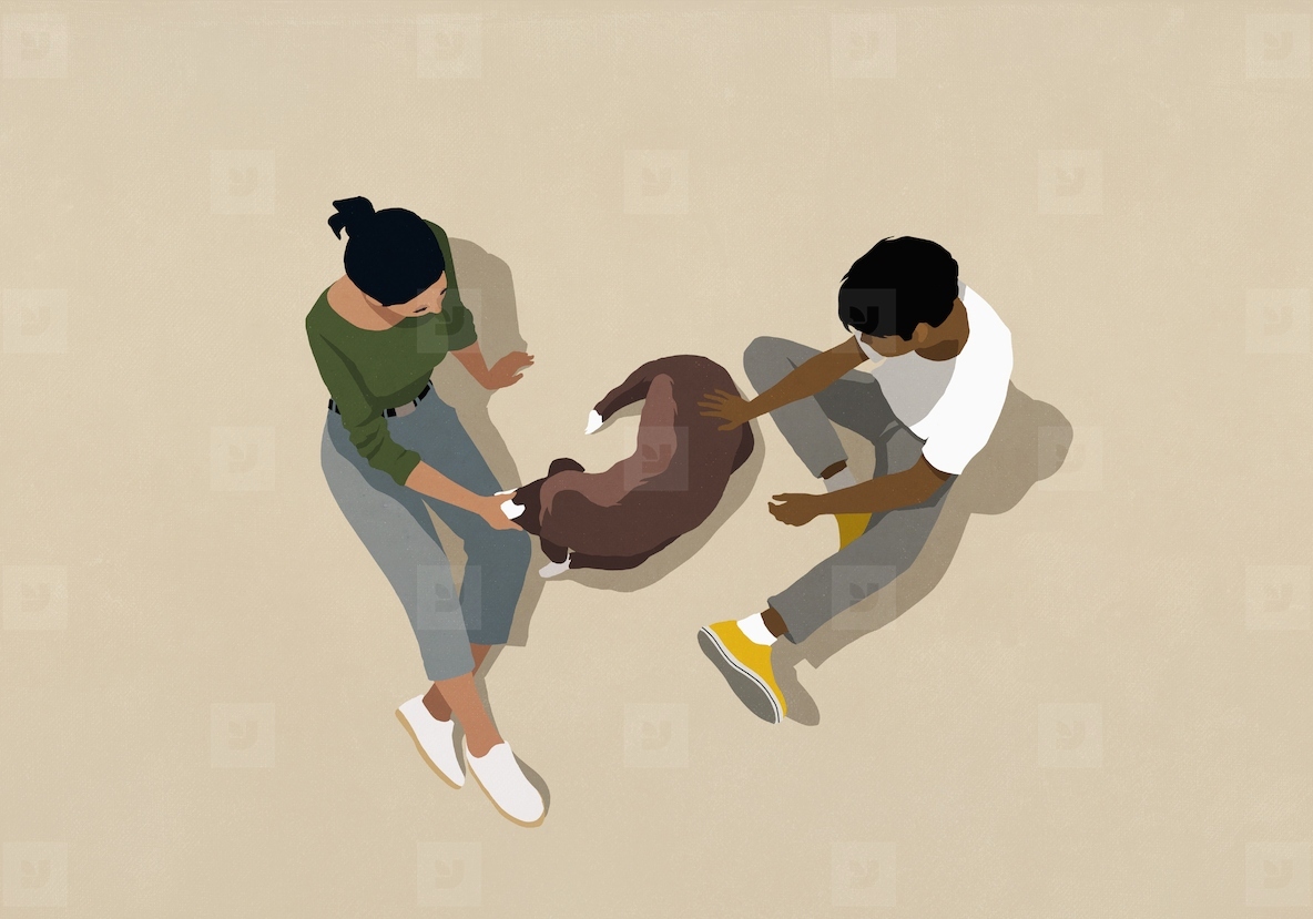 High angle view couple petting brown dog on beige background