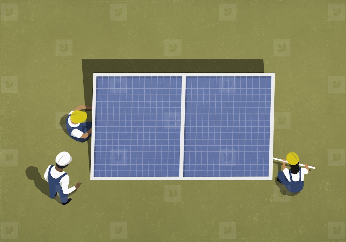 High angle view engineers in hard hats installing large solar panel in field