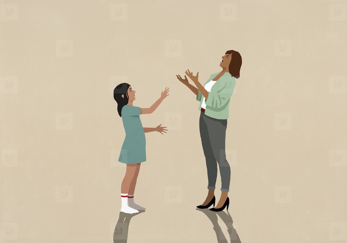 Mother and daughter gesturing arguing face to face against beige background