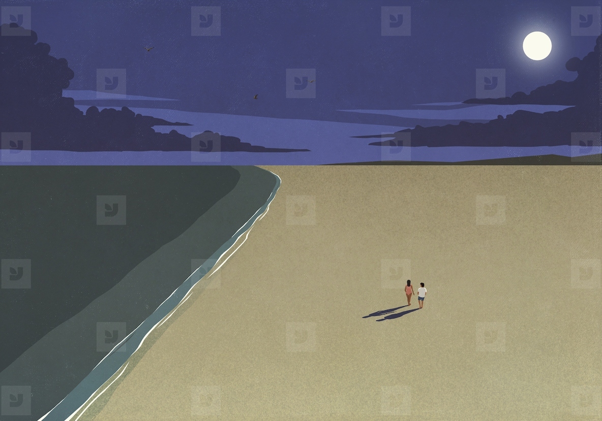 Aerial view couple walking on sandy