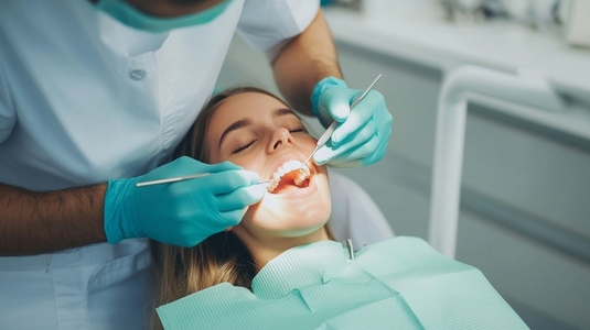 Dentist examines young girl teeth in clinic setting
