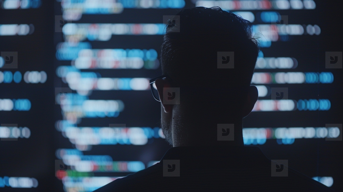 Silhouette of hacker analyzing code on screen in dark room