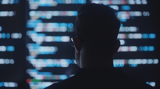 Silhouette of hacker analyzing code on screen in dark room