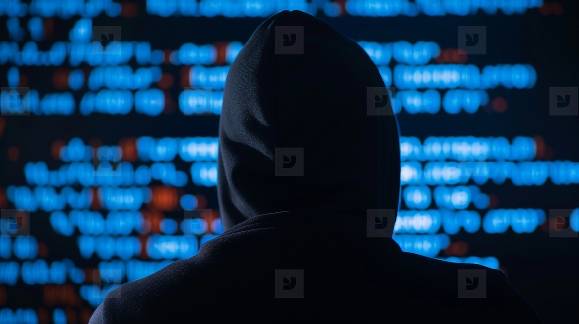 Hooded figure in front of glowing code  suggesting cyber threat