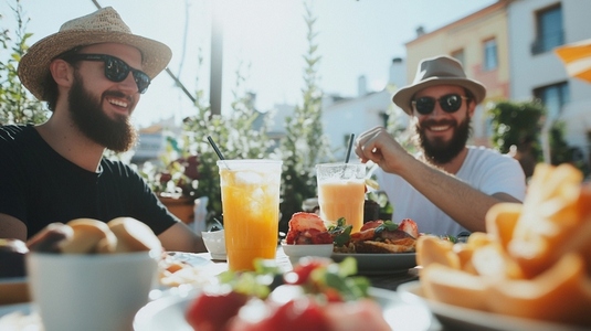 Two friends enjoying sunny outdoor brunch with fresh fruit and drinks
