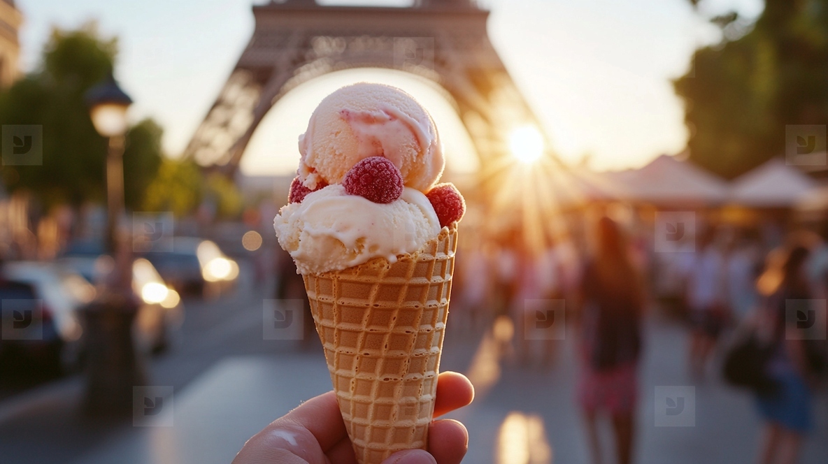 Ice cream cone held in front of Eiffel Tower at sunset creating joyful scene
