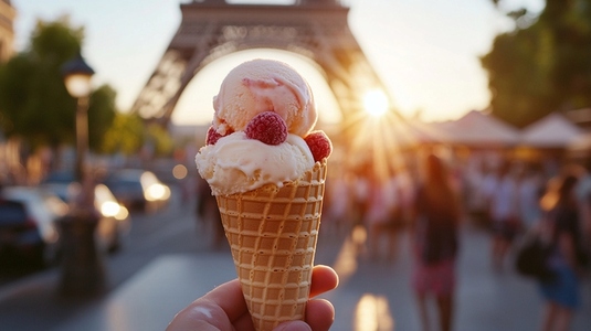 Ice cream cone held in front of Eiffel Tower at sunset  creating joyful scene