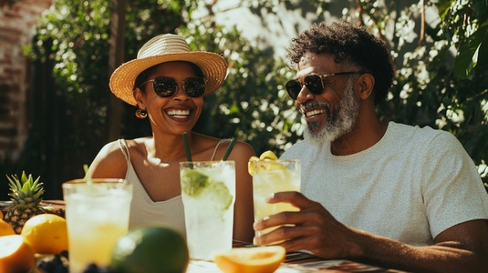 Couple enjoying sunny outdoor brunch with refreshing drinks
