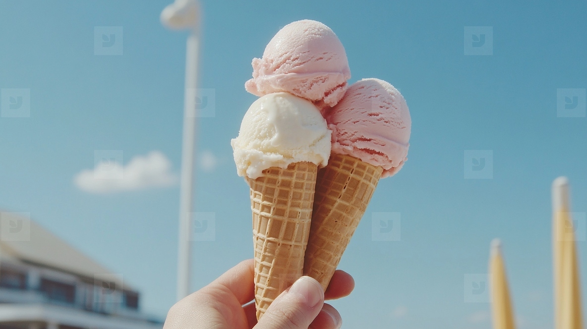 Three ice cream cones held against clear blue sky