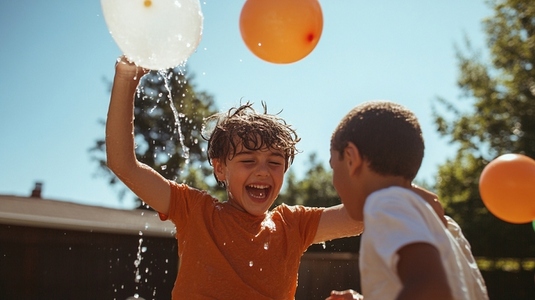 Children joyfully playing with water balloons outdoors