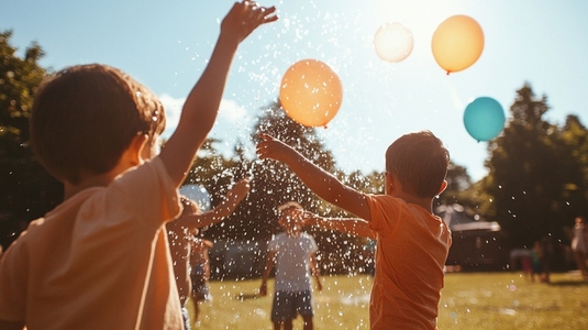 Children joyfully playing with water balloons outdoors