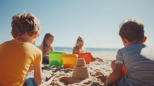 Children building sandcastles on sunny beach  enjoying summer day
