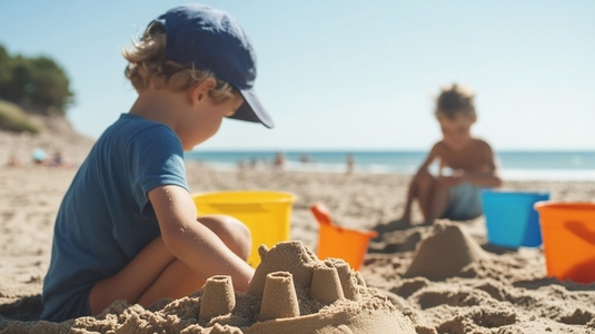 Children building sandcastles on sunny beach with colorful buckets